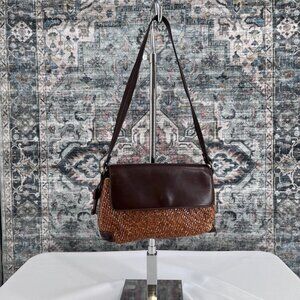 Fossil Brown Leather Woven Shoulder Bag Purse Boho Key Charm 90's Y2K Vintage